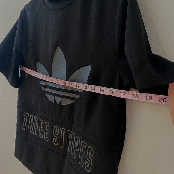 Adidas Black Trefoil Three Stripe Graphic Mock Neck Back Zip Short Sleeve Top S - Picture 10 of 12